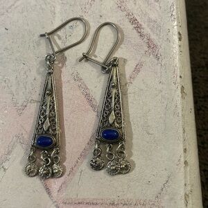925 Sterling Silver Lapis Lazuli Dangle Drop Earrings Blue Bohemian